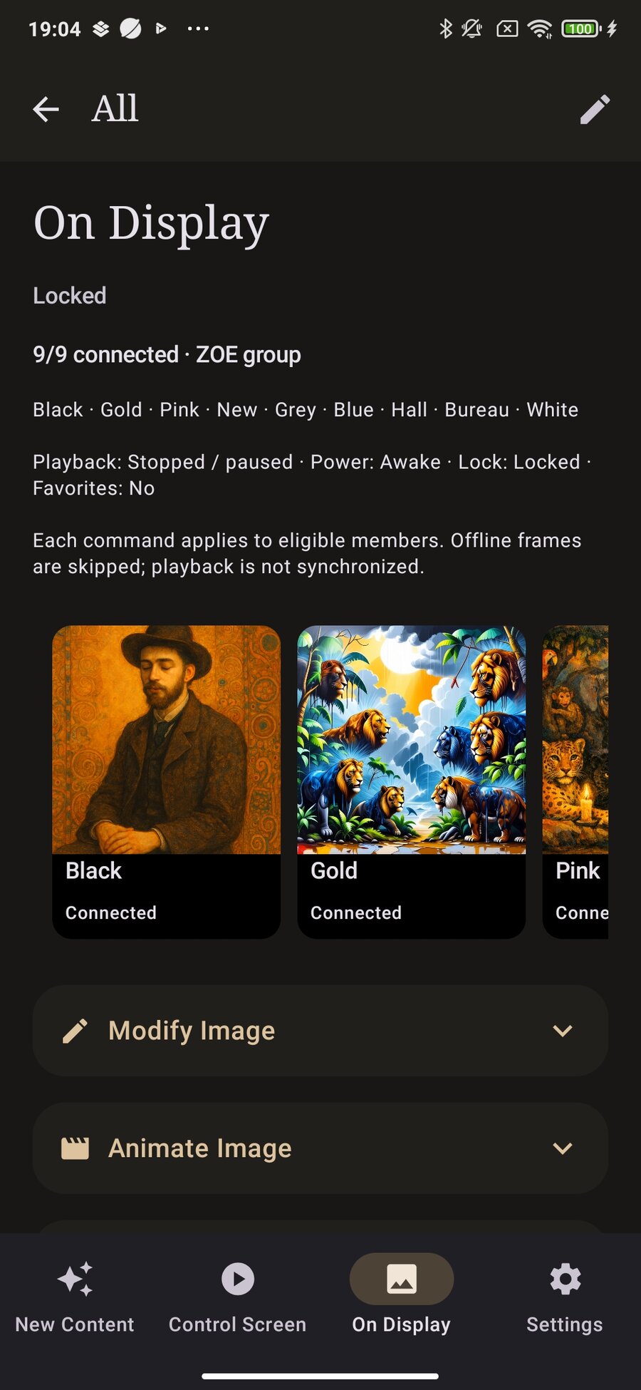 Groupe de Zoetropes sur Android — les œuvres affichées membre par membre